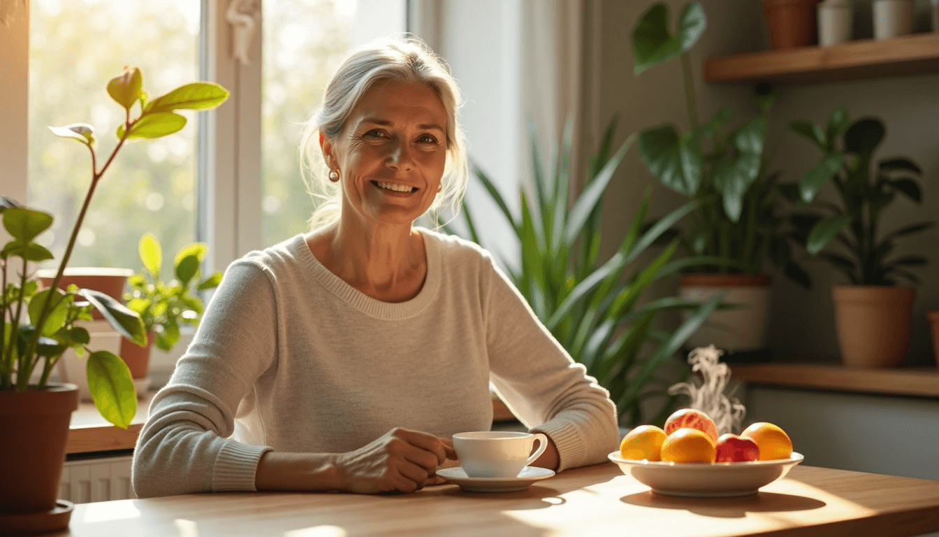 Woman enjoying herbal tea in sunny kitchen
