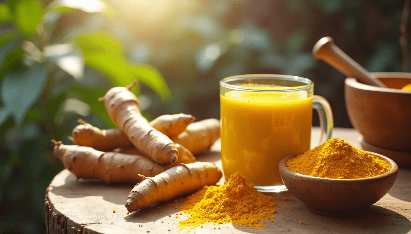 Turmeric roots and golden milk on sunny kitchen counter representing natural wellness