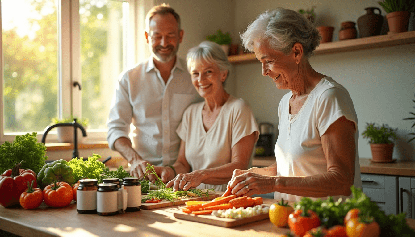 Family preparing healthy meal with plant supplements on kitchen counter