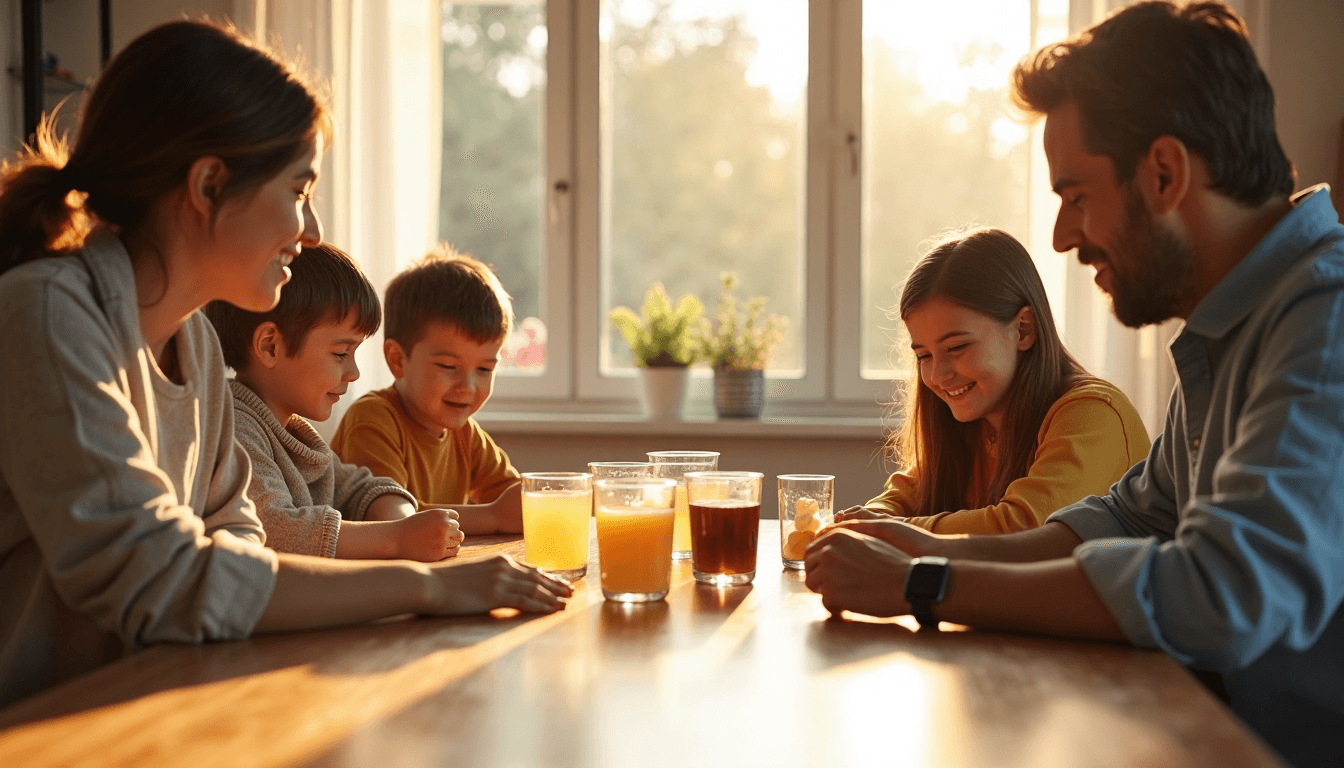 Familie am Frühstückstisch mit Nahrungsergänzungsmitteln für gemeinsamen Start