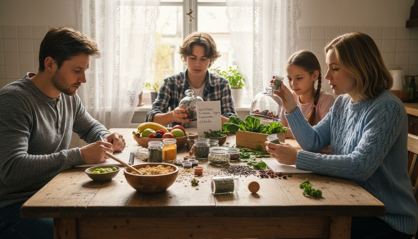 Eine Familie schaut sich gemeinsam Nahrungsergänzungsmittel an und informiert sich über deren Inhaltsstoffe.