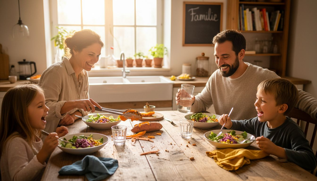 Gemeinsam genießen Eltern und Kinder eine basenfasten Mahlzeit in ihrer Küche – ein entspanntes Familienessen, das allen gut tut.