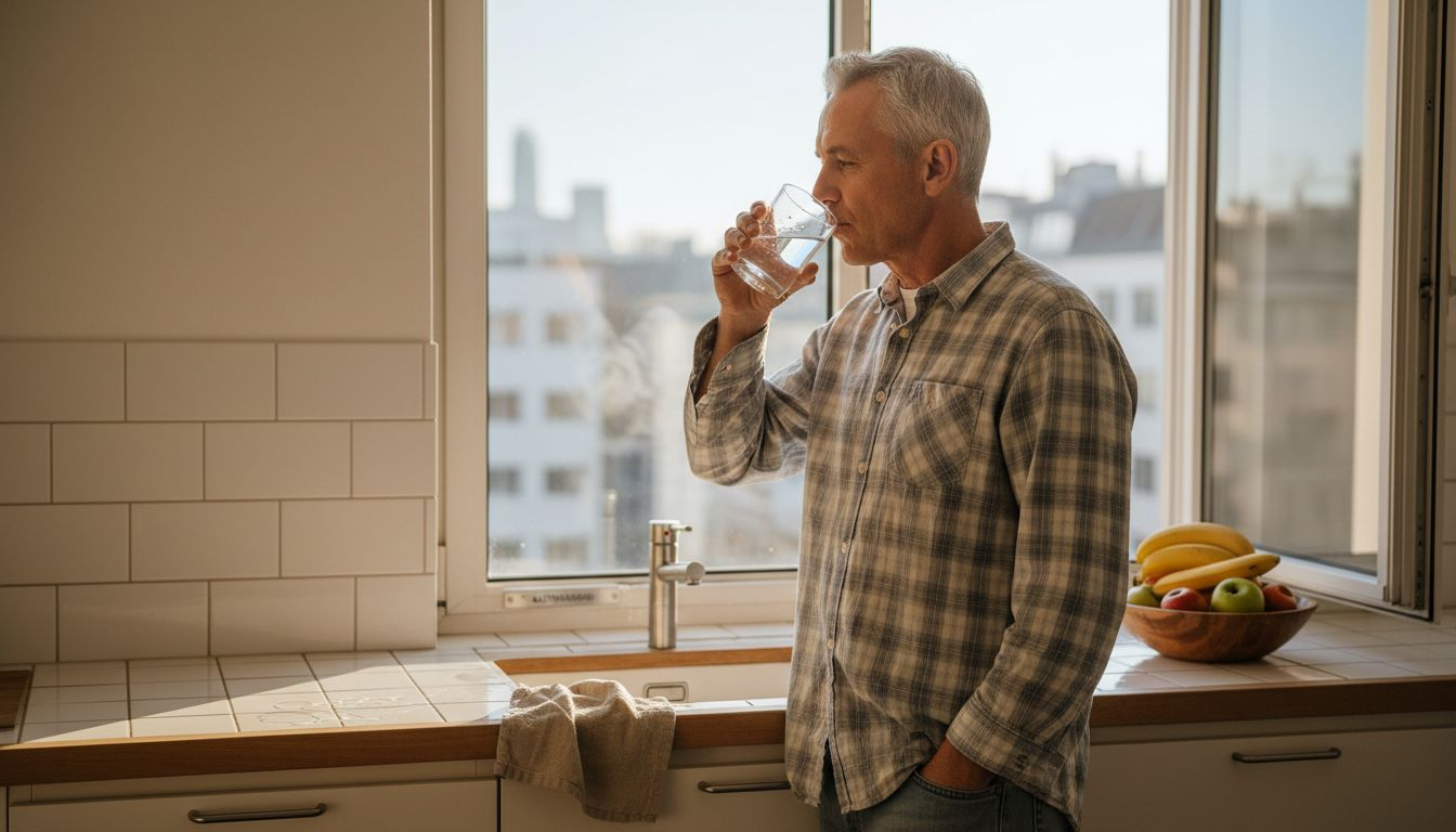 In der von Sonnenlicht durchfluteten Küche genießt ein Mann ein Glas Wasser.