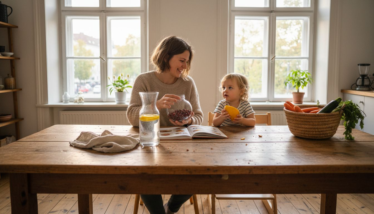 Eine Mutter bereitet gemeinsam mit ihrer Tochter frische und gesunde Lebensmittel zu.
