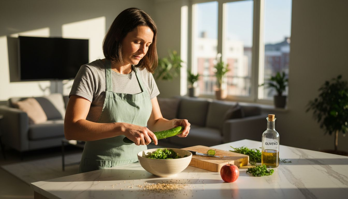 In einer sonnendurchfluteten Küche bereitet eine Frau ein glutenfreies Gericht zu.