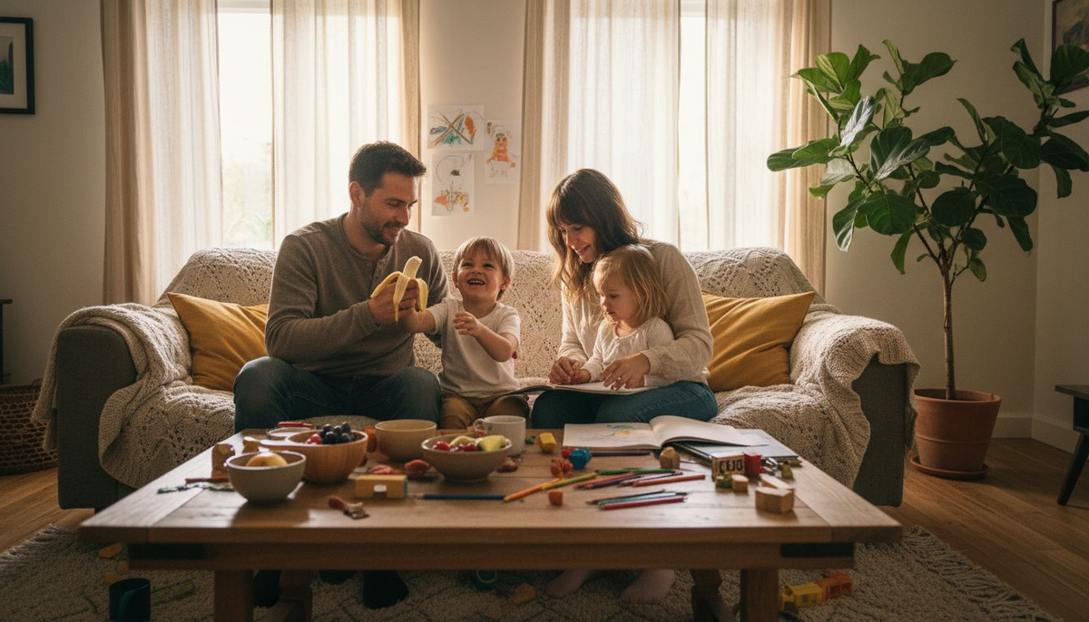 Ein gemütlicher Morgen zu Hause: Die Familie genießt gemeinsam die entspannte Zeit und lässt den Tag ruhig beginnen.
