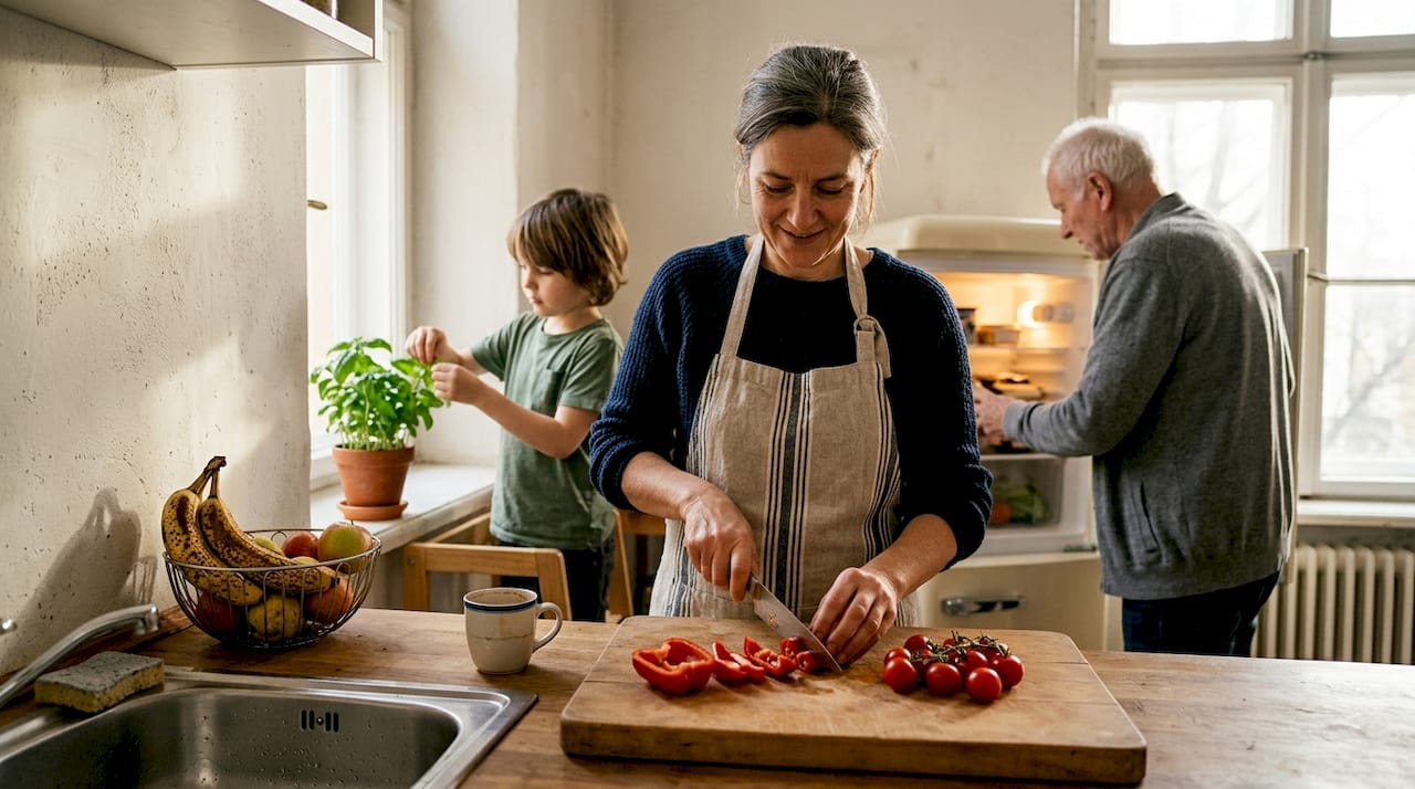 Die ganze Familie steht gemeinsam in der Küche und schnippelt frisches Gemüse für das Abendessen.