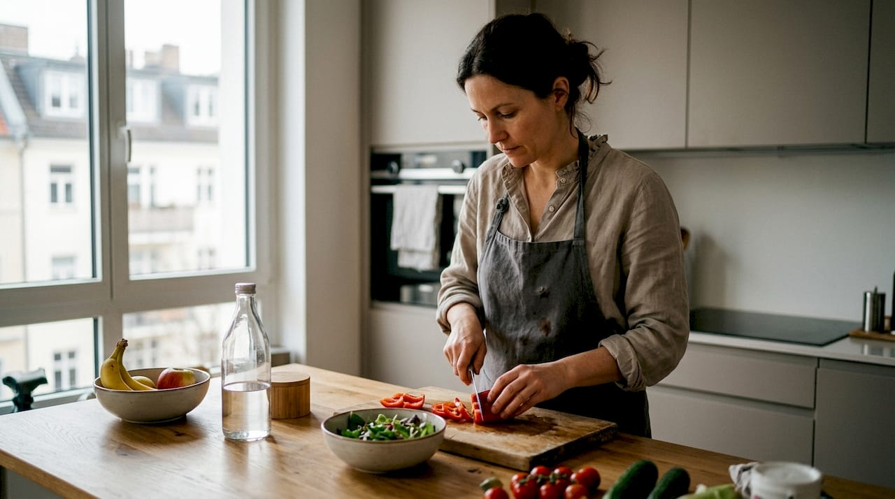 Eine Frau bereitet in ihrer Küche einen frischen, vitaminreichen Salat zu.