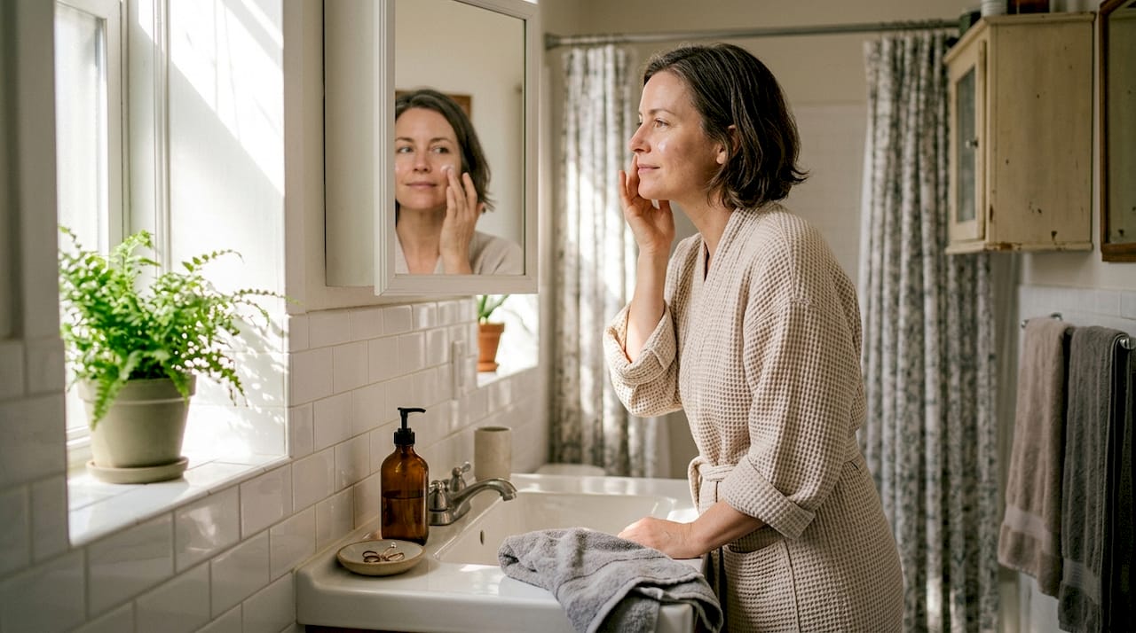 Am Morgen nimmt sich eine Frau im Badezimmer Zeit für ihre Gesichtspflege.