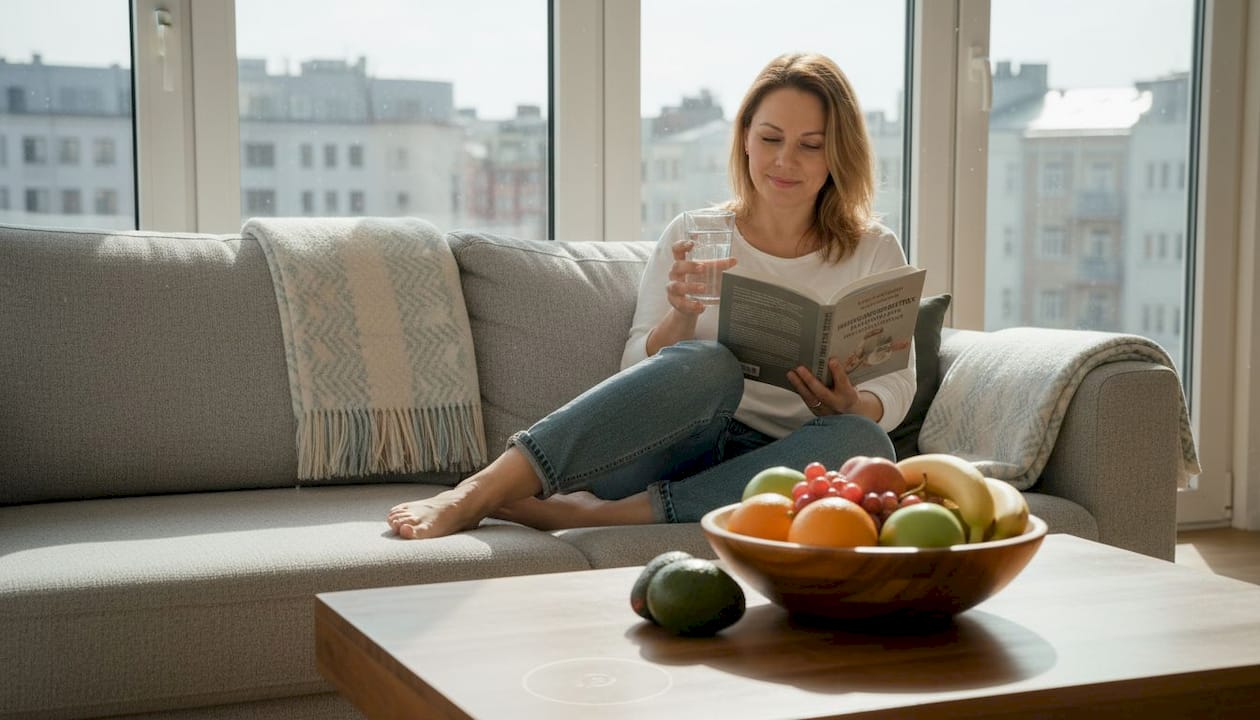 Gemütlich macht es sich eine Frau mit einem Buch im sonnendurchfluteten Wohnzimmer.