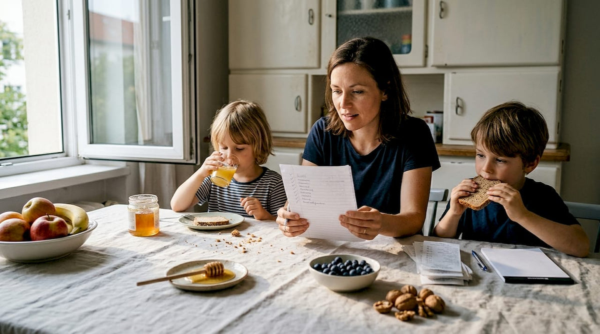 Eine Mutter sitzt am Frühstückstisch und schaut sich in Ruhe verschiedene Nahrungsergänzungsmittel an.