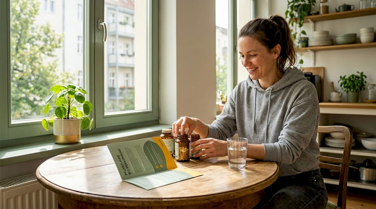 Eine Frau vergleicht zu Hause verschiedene Vitamin-B12-Präparate miteinander.