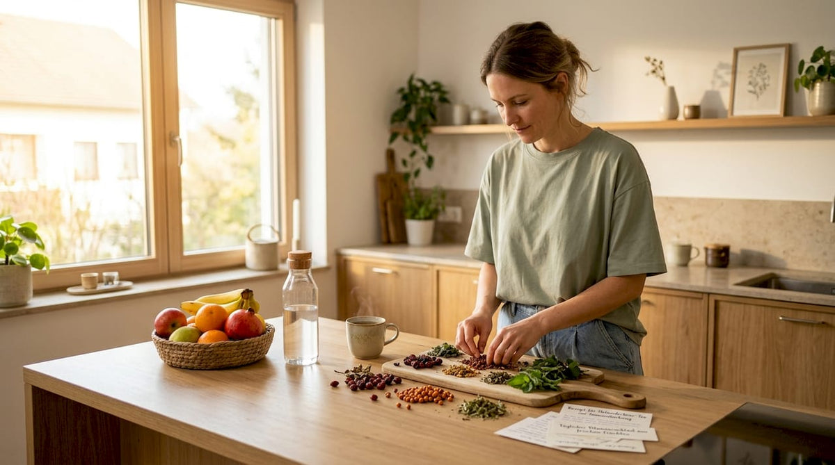 In ihrer Küche ordnet eine Frau ihre Vitamintabletten und Nahrungsergänzungsmittel sorgfältig.