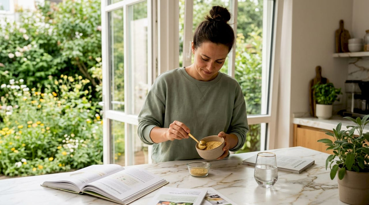 Eine Frau öffnet in ihrer Küche eine Dose mit veganen Nahrungsergänzungsmitteln.