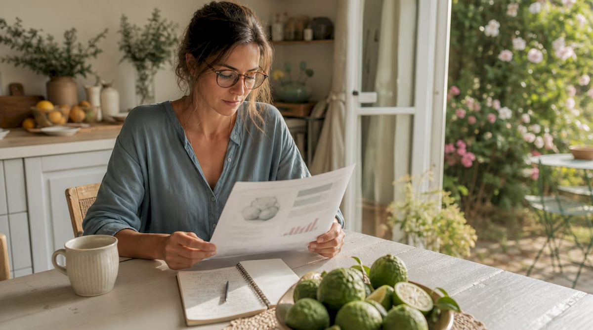 Eine Frau informiert sich über aktuelle Forschungsergebnisse zu Citrus Bergamotte und deren Einfluss auf den Cholesterinspiegel.