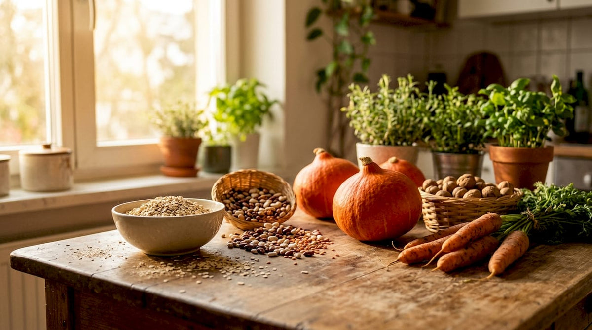 Frisches, ballaststoffreiches Gemüse und Obst auf einem rustikalen Holztisch angerichtet