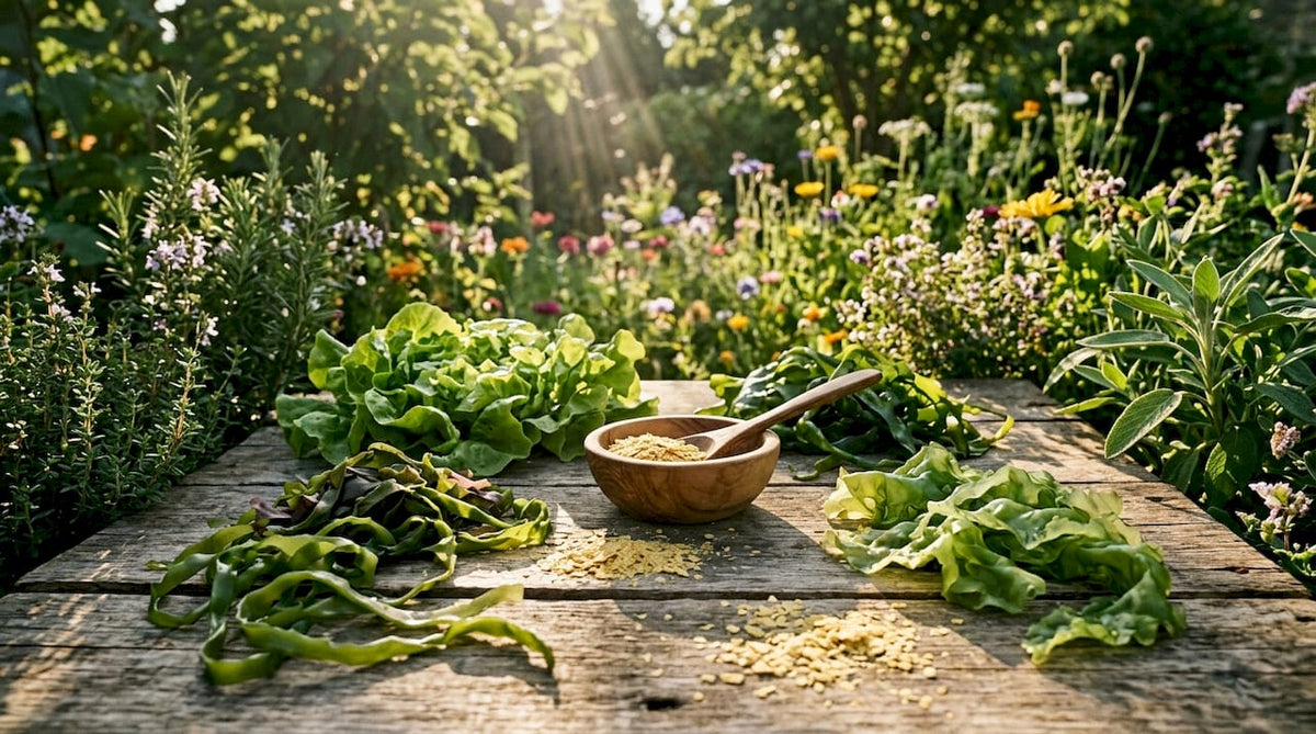 Vegane Vitamin-B12-Quellen auf einem rustikalen Holztisch arrangiert