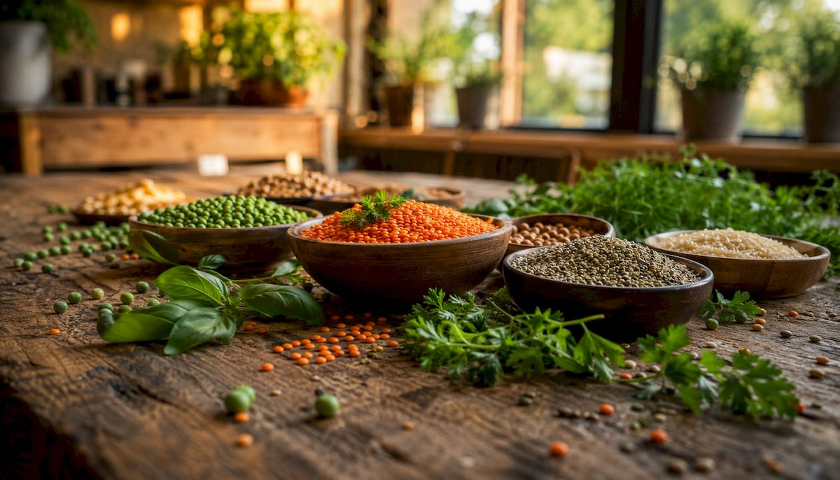 Vegane Proteinquellen, frisch und naturbelassen, liebevoll auf einem Holztisch arrangiert.