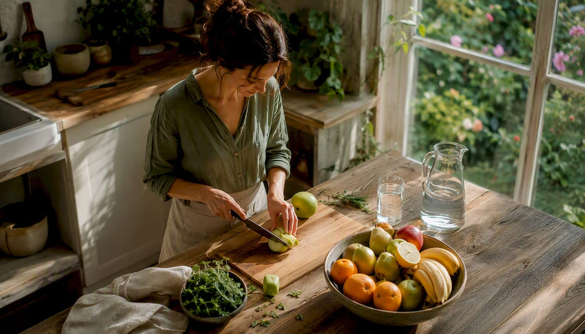 Eine Frau schneidet frisches Obst und Gemüse, um ihre Ernährung beim Abnehmen gesund und lecker zu gestalten.