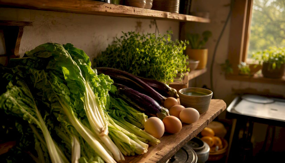 Frisches Gemüse und Eier mit einem hohen Gehalt an B-Vitaminen