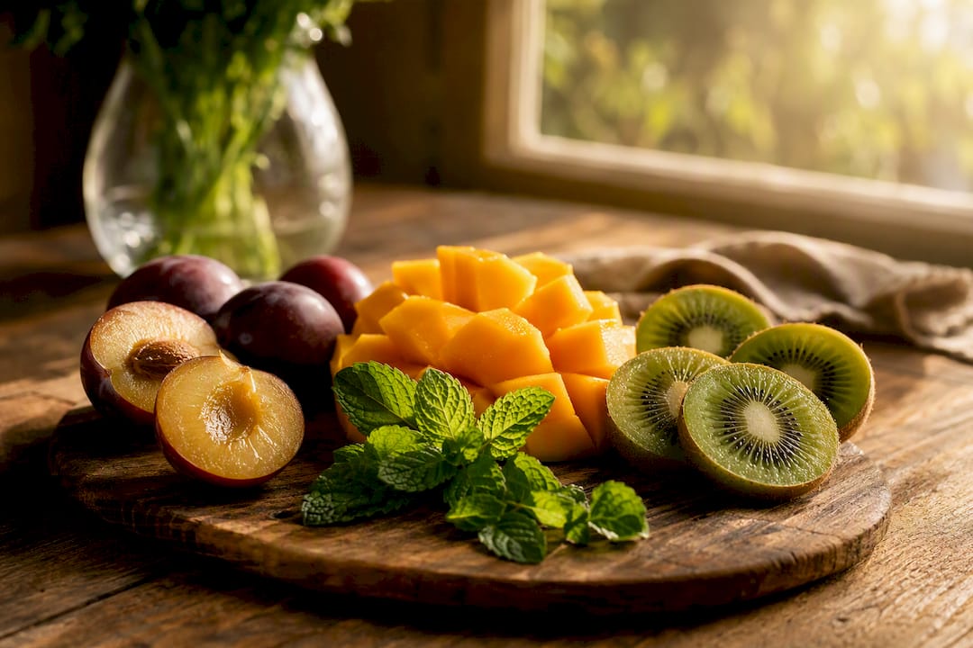 Frisches, ballaststoffreiches Obst auf einem rustikalen Holzbrett – ein gesunder Genuss für zwischendurch.