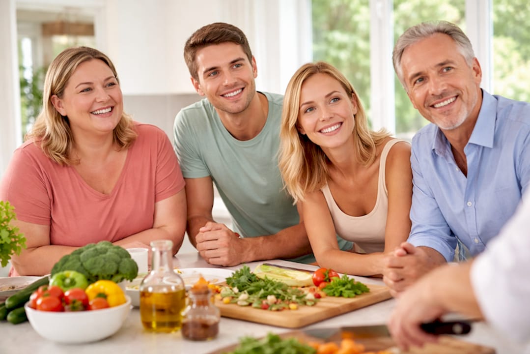 Zu Hause unterhält sich die Familie darüber, ob und welche Nahrungsergänzungsmittel sinnvoll sind.