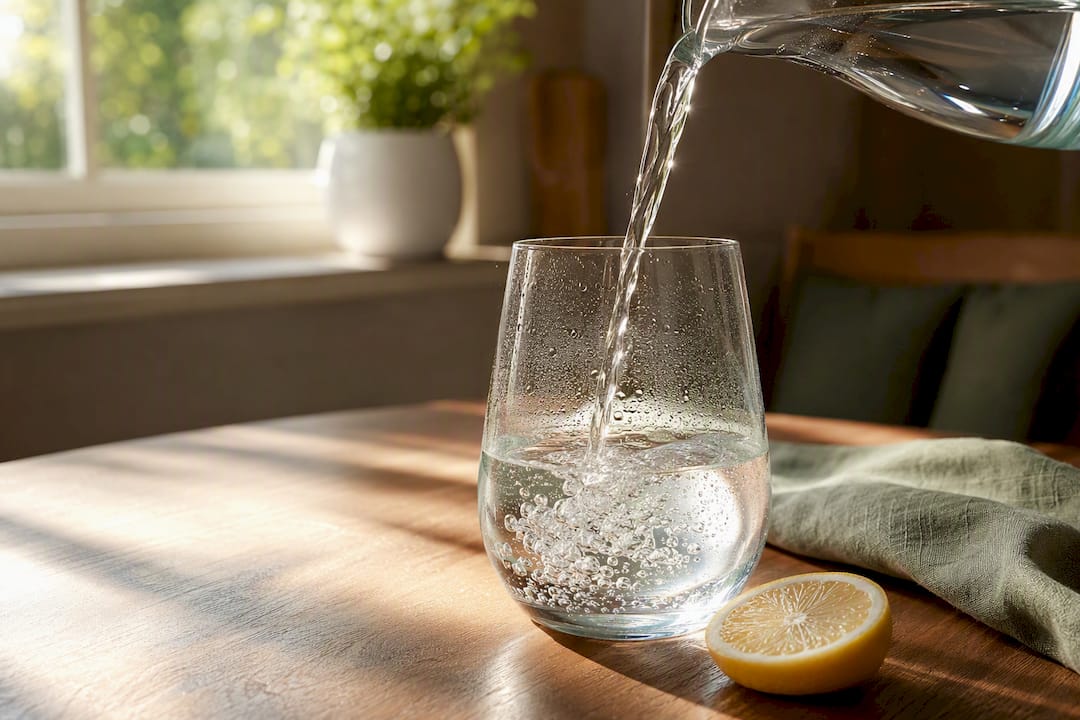 Ein Glas Wasser im warmen Morgenlicht