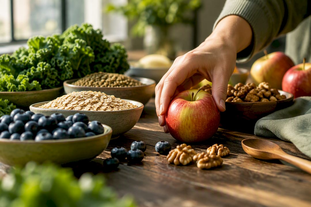 Lose Superfoods und regionale Zutaten auf einem Holztisch