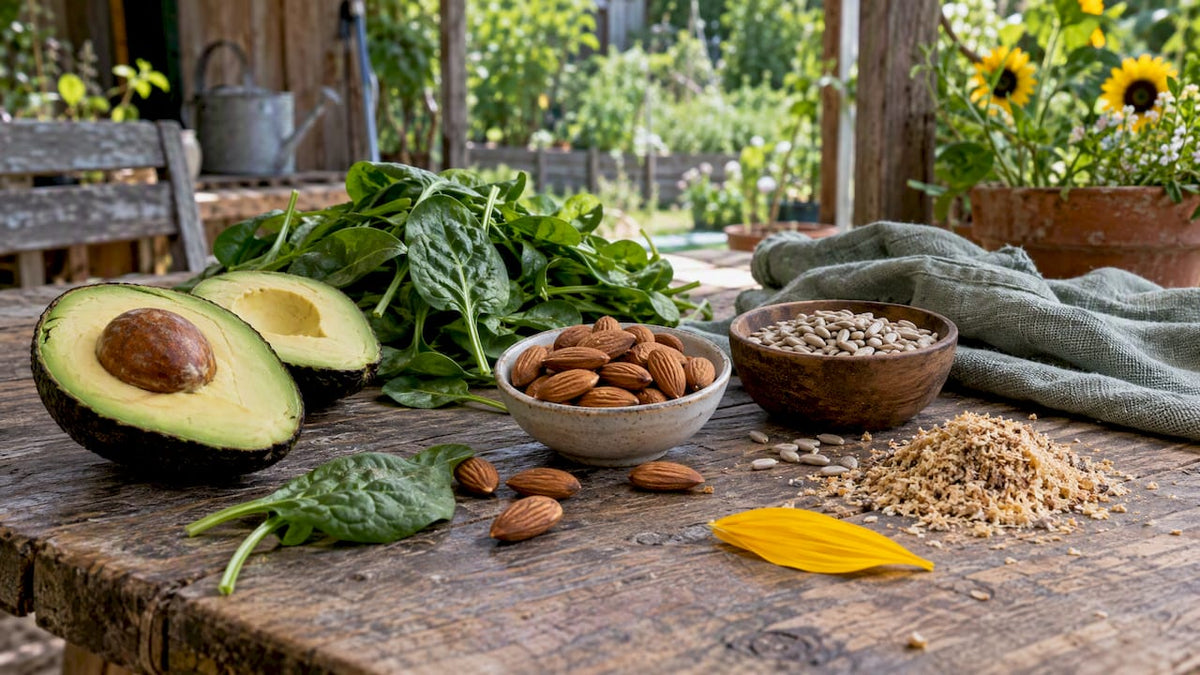 Lebensmittel mit hohem Vitamin-E-Gehalt auf einem Holztisch