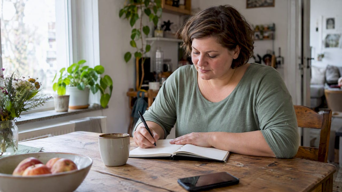 Eine Frau schreibt konzentriert in ihr Notizbuch.