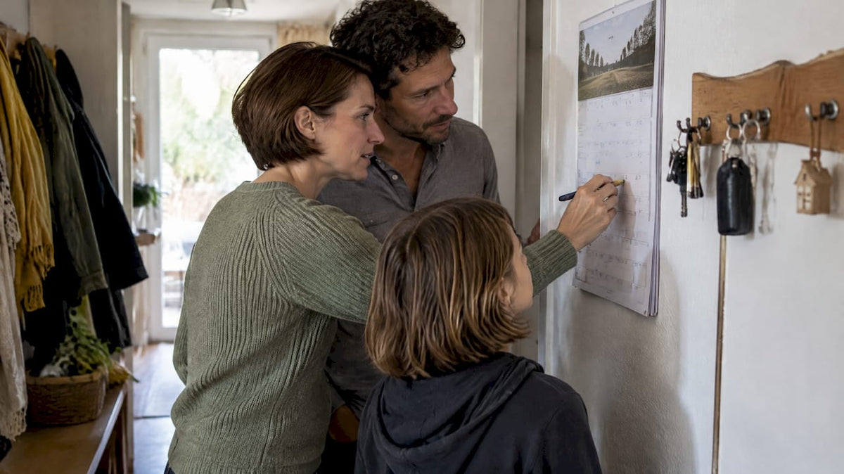 Die Familie organisiert ihre Vorsorgetermine zusammen im Kalender.