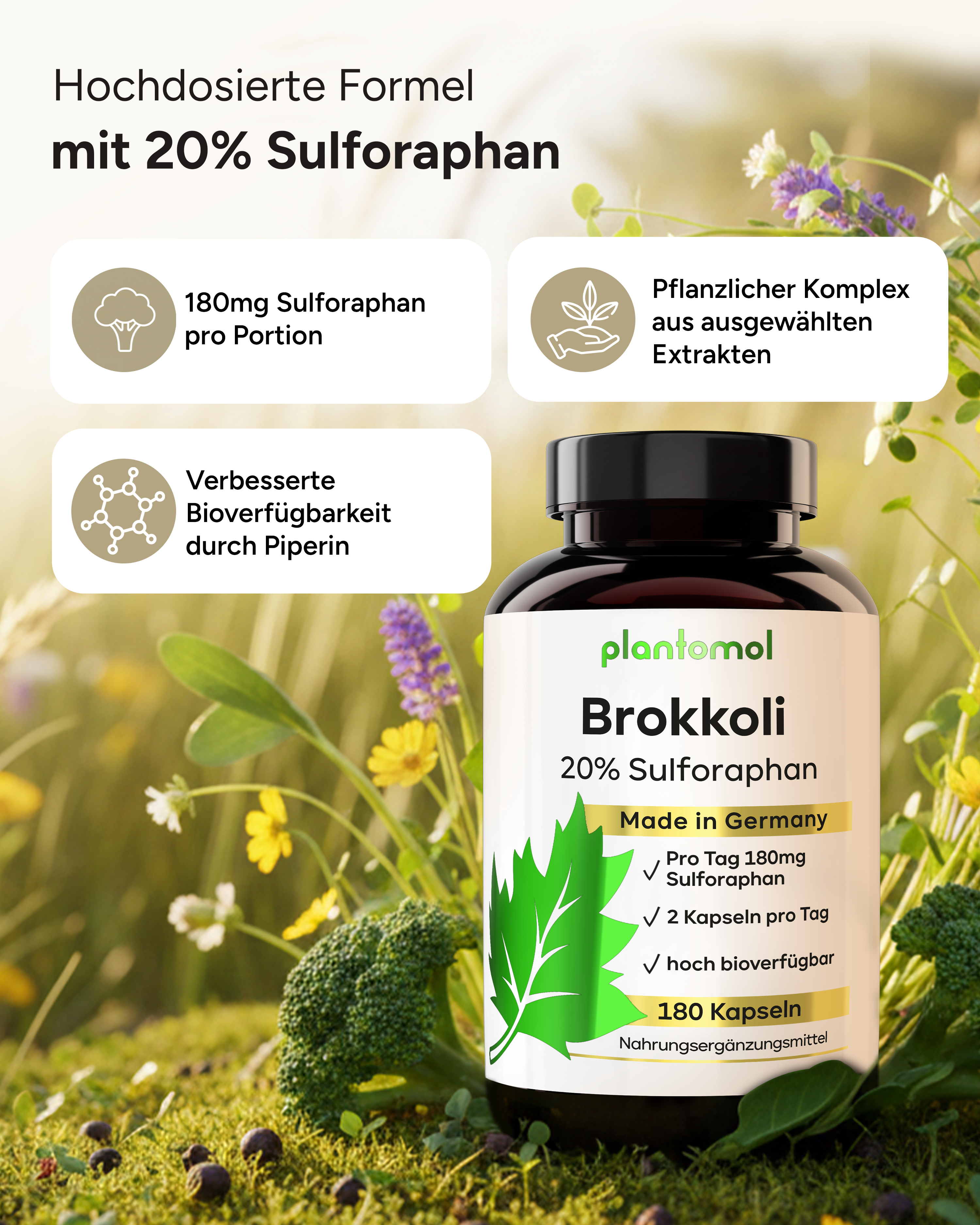Brokkoli-Extrakt - mit 90mg Sulforaphan pro Kapsel