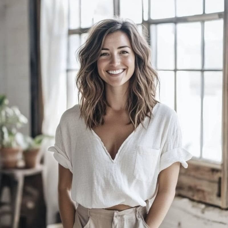 Glückliche Frau lacht in die Kamera