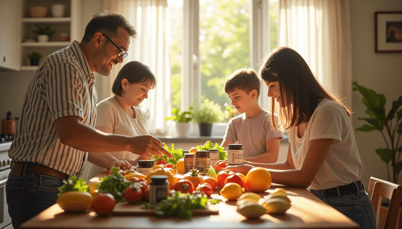 Family around table with fresh food and supplements