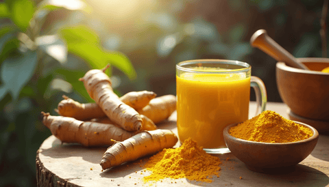 Turmeric roots and golden milk on sunny kitchen counter representing natural wellness