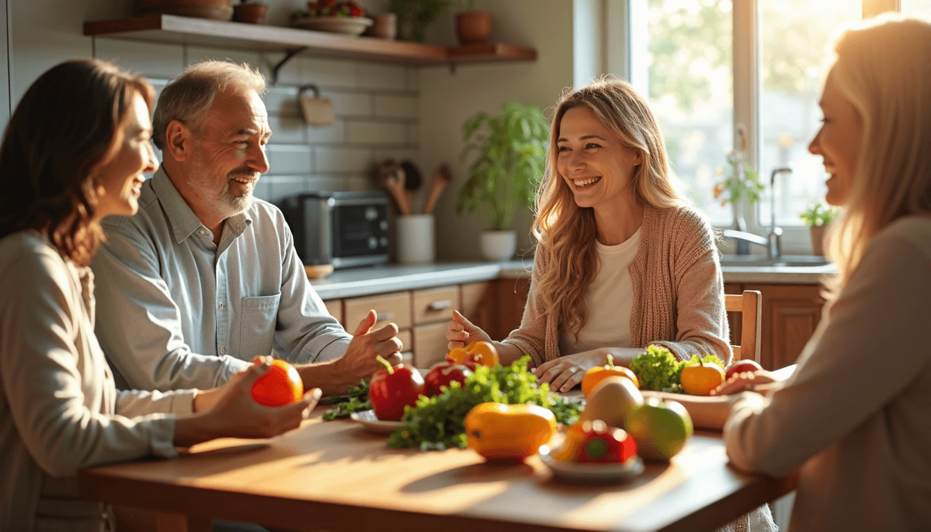 Family discusses supplements and healthy foods at kitchen table