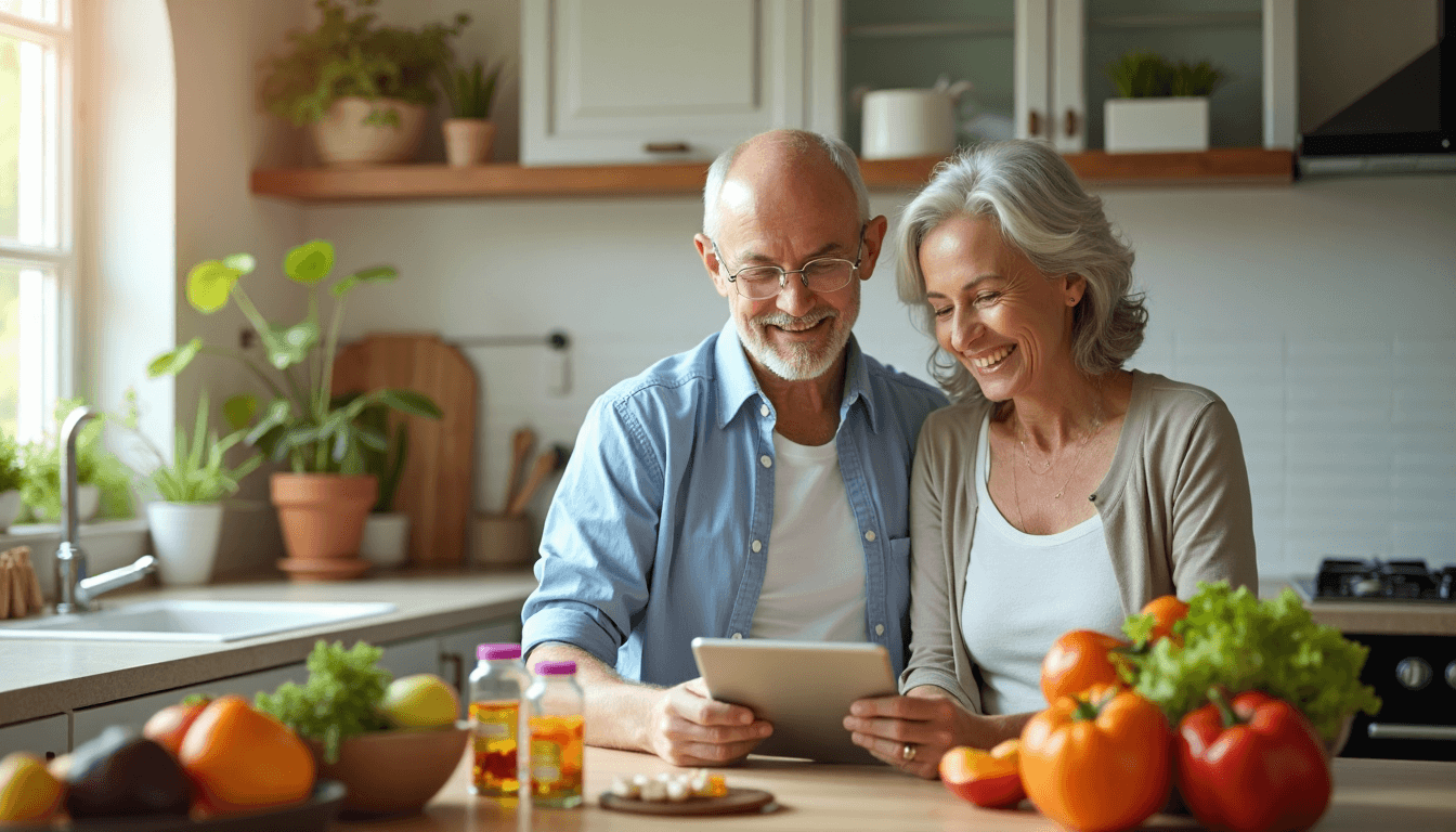 Couple considering supplements and health data at kitchen table