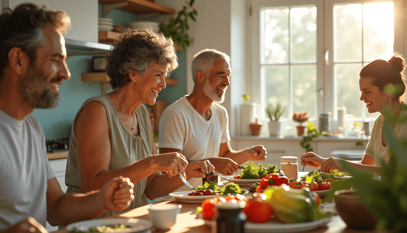 Adults preparing healthy food and supplements in kitchen, showing anti-aging lifestyle