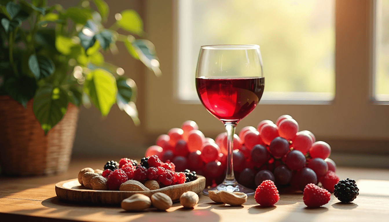 Fresh fruit, red wine and nuts representing Resveratrol sources