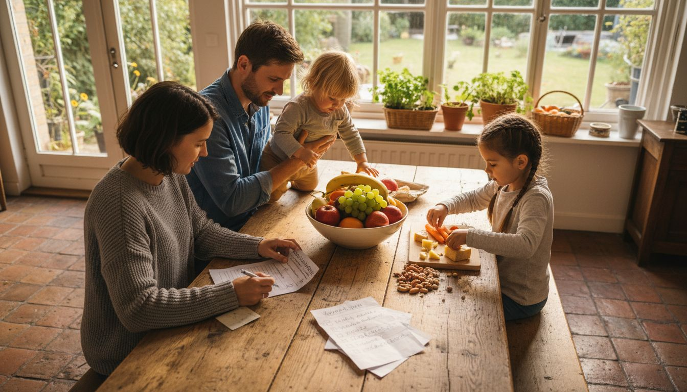 Am Küchentisch sitzt die Familie zusammen und geht gemeinsam eine Liste mit Mineralstoffen durch.