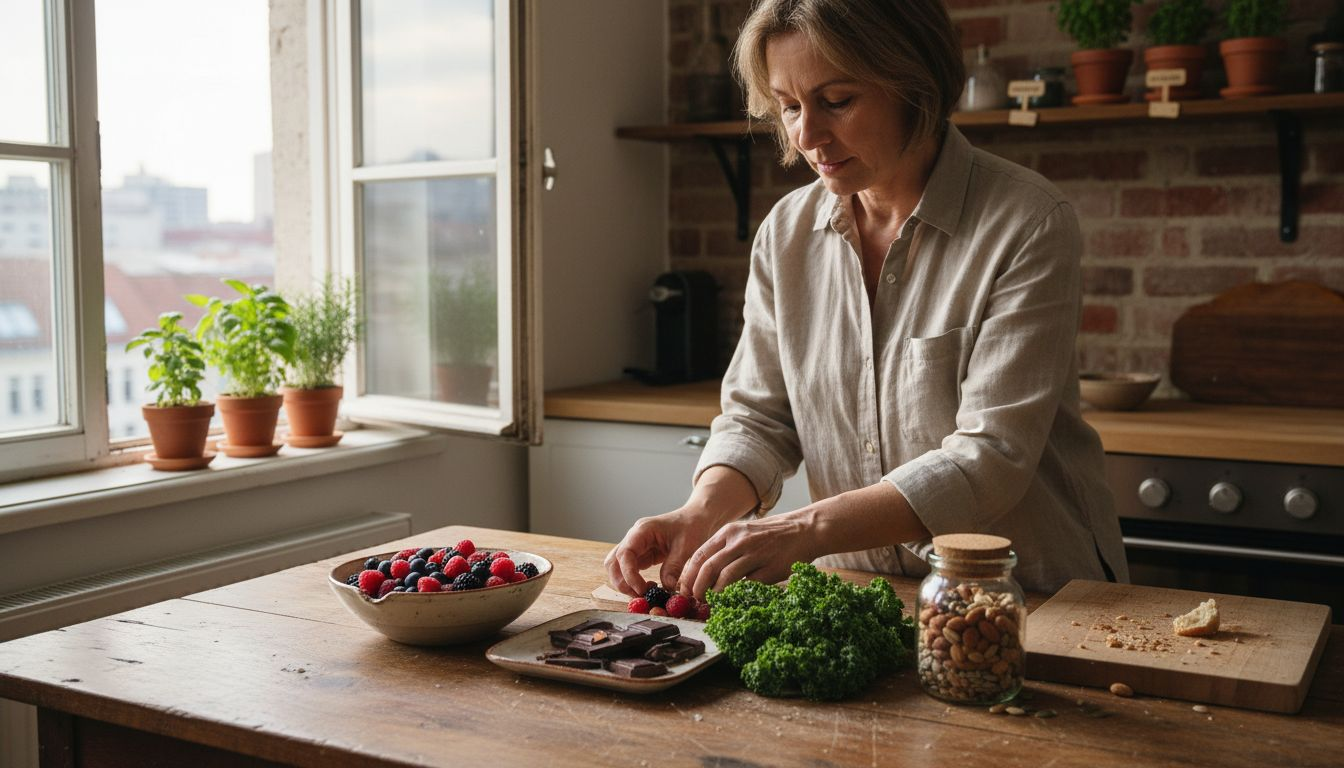 Eine Frau stellt in ihrer heimischen Küche verschiedene Lebensmittel mit hohem Antioxidantiengehalt zusammen.