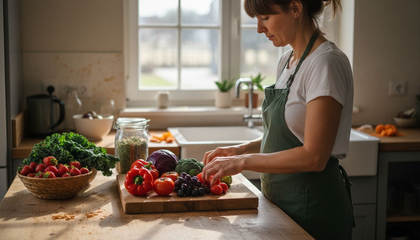 Frisches Obst und Gemüse auf der Kücheninsel sortieren