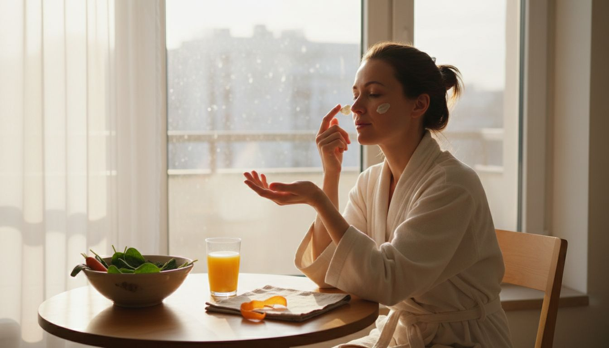 Eine Frau trägt Creme auf, während neben ihr vitaminreiche Lebensmittel liegen.