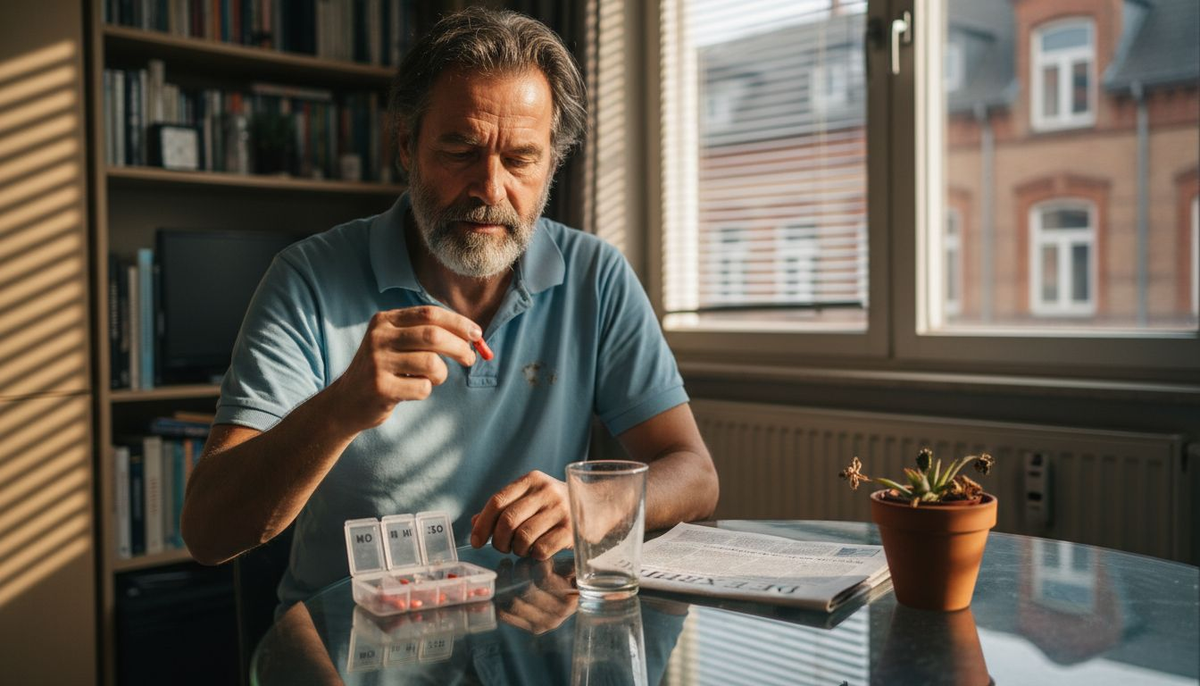 Ein Mann steht kurz davor, eine Astaxanthin-Kapsel einzunehmen.
