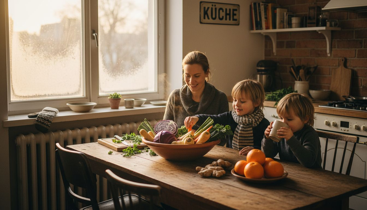 Eine Familie bereitet gemeinsam ein stärkendes Wintergericht zu, das das Immunsystem unterstützt.