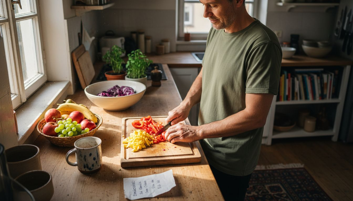 Ein Mann bereitet in seiner Küche eine Mahlzeit mit besonders vielen Antioxidantien zu.