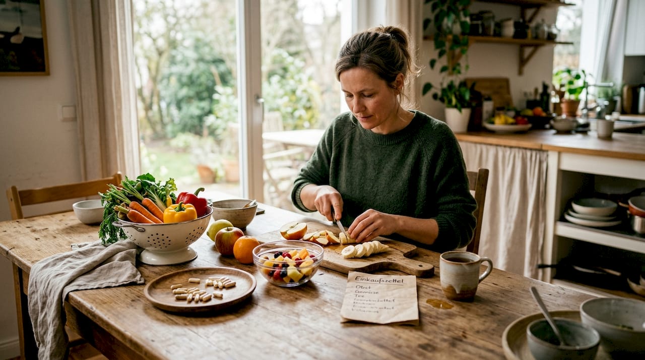 Eine Frau zaubert eine ausgewogene Mahlzeit voller wichtiger Vitamine.