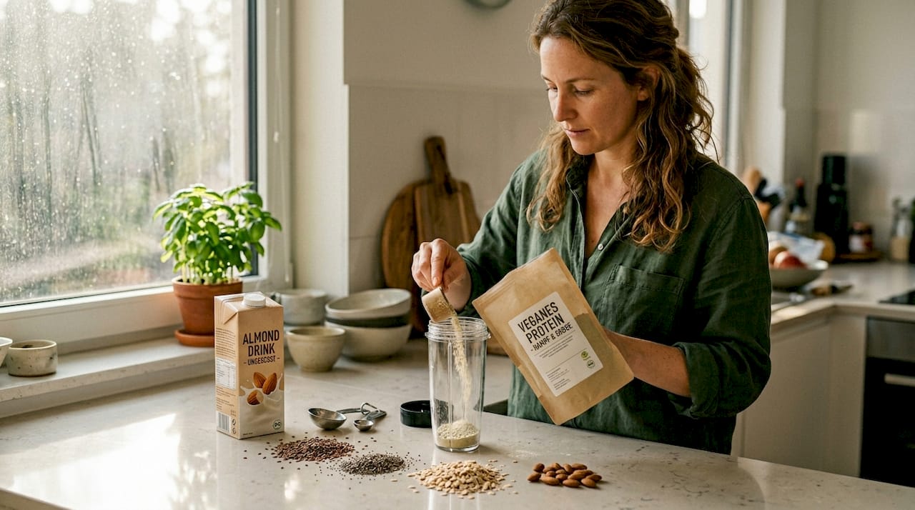 Eine Frau bereitet in ihrer Küche einen veganen Proteinshake zu.