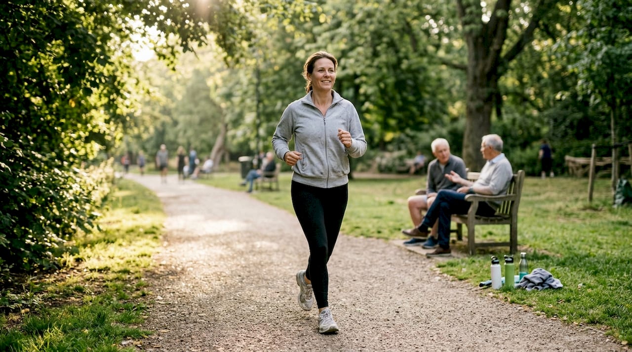 Eine Frau dreht am frühen Morgen ihre Joggingrunde durch den lebhaften Stadtpark.