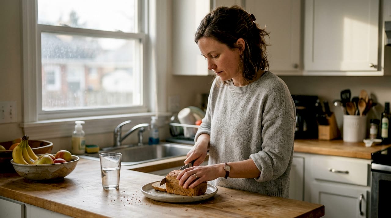 Eine Frau backt in ihrer Küche frisches glutenfreies Brot.